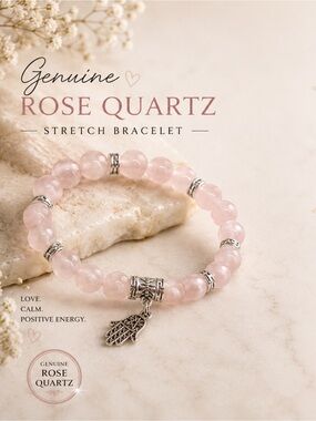 Rose Quartz Beaded Stretch Bracelet with Hamsa Charm